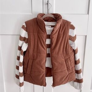 Rust Corduroy Puffer Vest and Striped Sweater